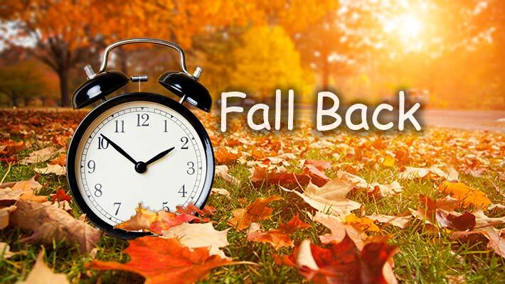 Alarm clock sitting in a pile of leaves. Fall Back. 