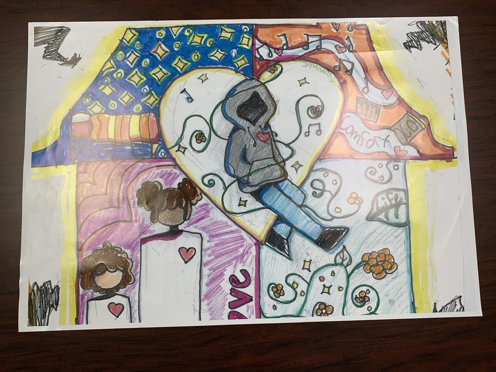 Winning drawing featuring a person wearing a hoodie and surrounded by music notes and other things that make up their home and what it means to them.