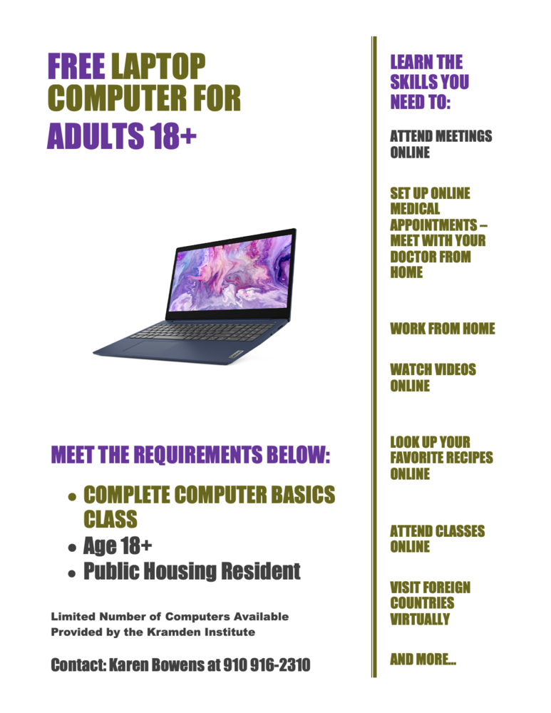 Free Laptop Computer for Adults 18+ Flyer, all information as listed below.