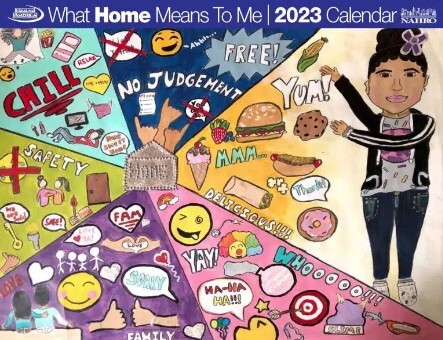 What Home Means To Me 2023 Calendar cover features a girl pointing to various doodles that mean home to her. 