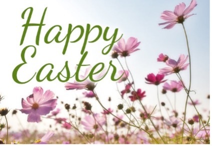Various pink flowers with text that reads Happy Easter.
