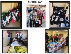 Assorted bags and people with items gathered for the 2024 christmas event.