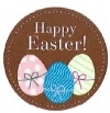 Happy Easter with three colored eggs.