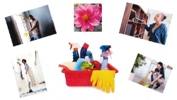 People cleaning and cleaning supplies.