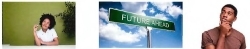 People thinking on either side of a sign that says future ahead.