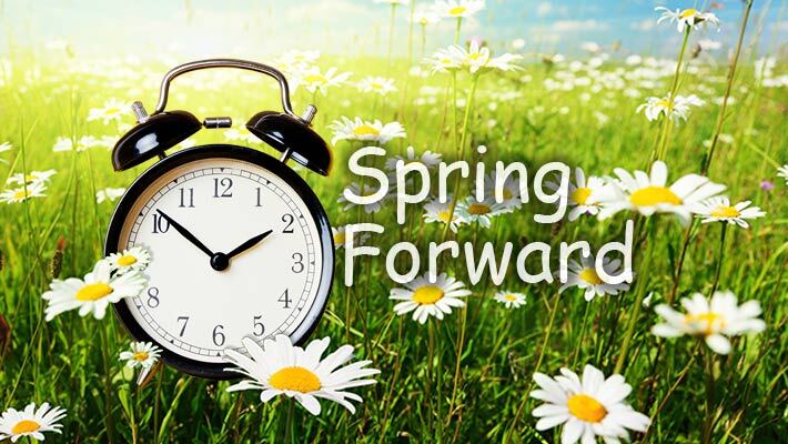 Clock sitting in spring flowers