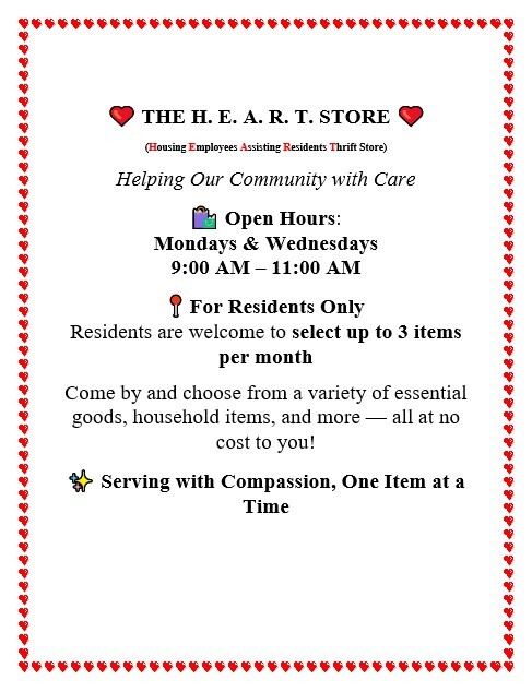 HEART Thrift Store Flyer. All information on this flyer is listed above.