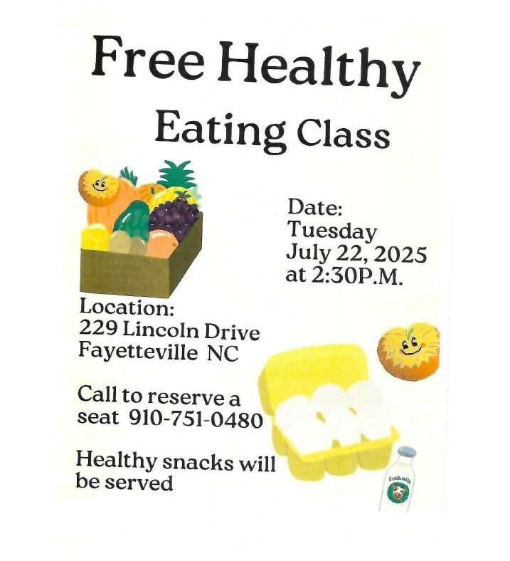 Free healthy eating class flyer. All information as listed below.