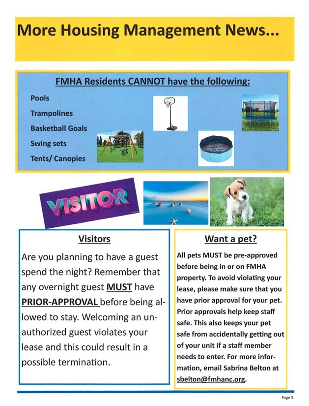 FMHA Housing Management news page 3. All information as listed below.