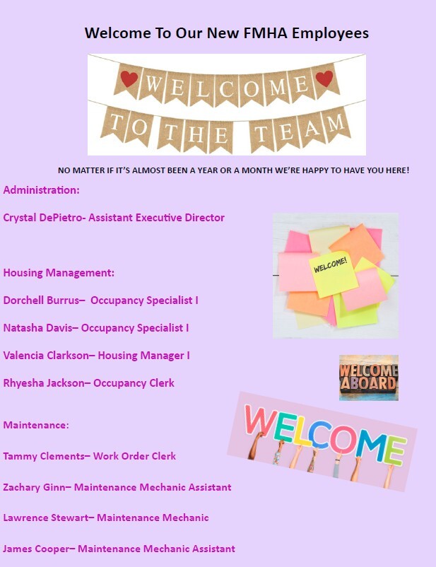 FMHA new employees flyer. All information as listed below.